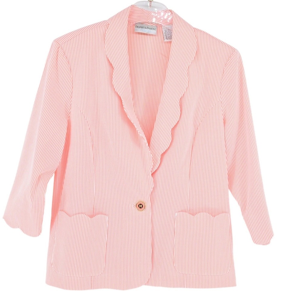 Vintage Preppy Drapers & Damons Coral Striped Seersucker Blazer Jacket Scalloped